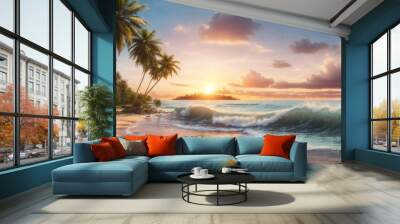 photo of sunrise view on the beach with white sand and beautiful coconut trees made by AI generative Wall mural