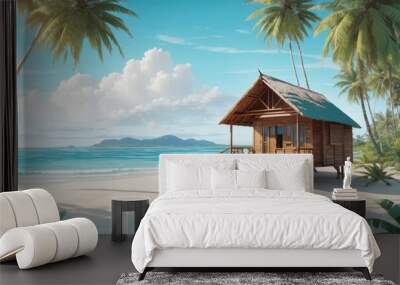 photo of wooden houses on the beach with beautiful white sand made by AI generative Wall mural