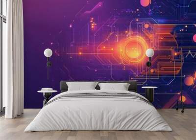 Abstract Digital Circuit and Data Flow Art in Vivid Purple and Orange Hues, Symbolizing Advanced Technology, Innovation, and Futuristic Concepts in the Digital Age Wall mural