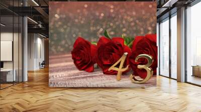 birthday concept with red roses on wooden desk. forty-third. 43rd. 3D render Wall mural