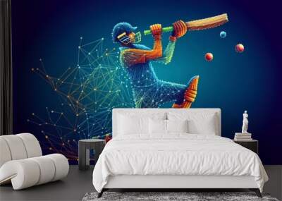 A futuristic cricketer playing a short in a blue digital background Wall mural