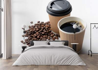 A paper cup of coffee and coffee beans Wall mural