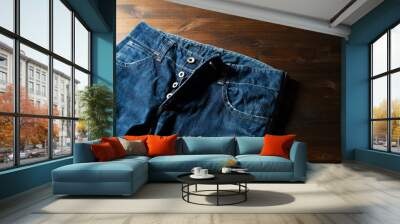 Blue jeans on a wooden background with copy space Wall mural