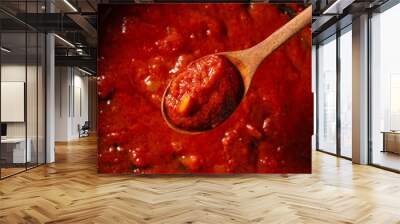 Scoop up the tomato sauce in the pan with a spoon. Wall mural