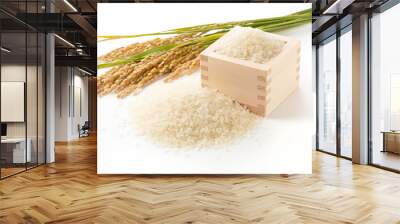 White rice, Masu and ears of rice on a white background Wall mural