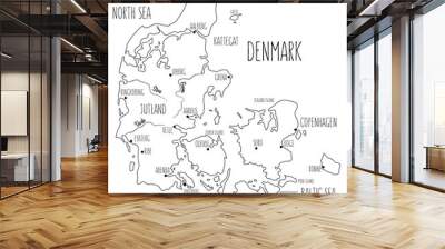 Kingdom of Denmark map vector isolated on white, Nordic country geographic banner template, ink illustration scandinavia line art style silhouette for design travel, advertising, infographic, web Wall mural