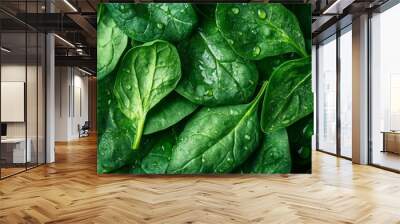 Background from fresh green spinach leaves with water drops. Texture of raw organic baby spinach close up. Food background Wall mural