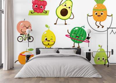 Cartoon cute fruit character doing spot exercises Wall mural