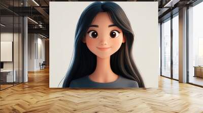 
A 3D cartoon of a smiling Asian girl with long black hair Wall mural