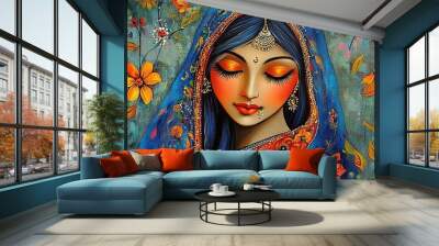 A beautiful Indian woman in a blue veil and red ornamental dress Wall mural