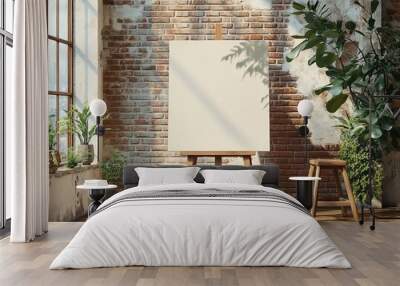 A large blank canvas on an easel in the center of a room with old brick walls and wooden floors, surrounded by plants and windows. 
 Wall mural