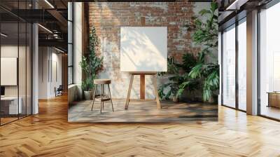 A large blank canvas on an easel in the center of a room with old brick walls and wooden floors, surrounded by plants and windows. 
 Wall mural