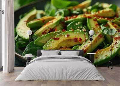 A plate of avocado salad with fresh spinach, sprinkled with chili powder and green pepper seeds, close-up shot.   Wall mural