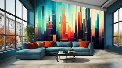 Abstract colorful city background, digital glitch art Wall mural