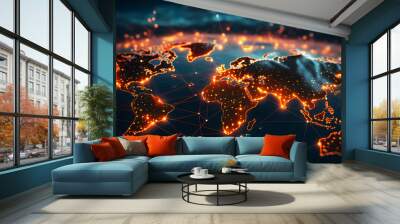 Abstract world map concept - global business network and connections, international data transfer and cyber technology. Wall mural