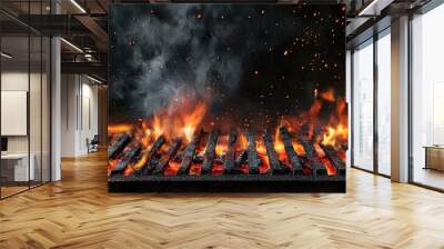 Barbecue background with flames, black grills, and red embers. Wall mural