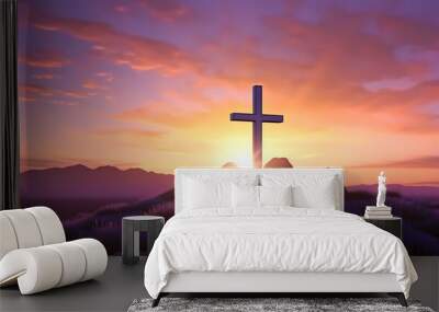 Christian cross, Good Friday wooden cross background with copy space Wall mural