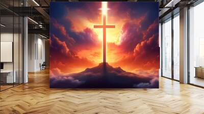 Christian cross, Good Friday wooden cross background with copy space Wall mural