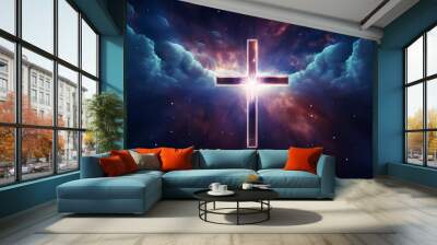 Christian cross, Good Friday wooden cross background with copy space Wall mural