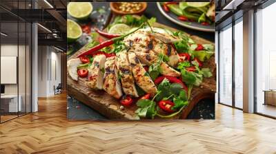 Homemade Grilled Chicken Breast in lime sauce with herbs on wooden board Wall mural