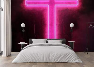 
Neon pink cross on a black background

 Wall mural