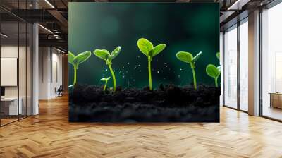 Planting young trees sprouting in soil on green background network and connection concept Wall mural