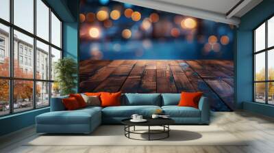 Wooden table with dark blue background and golden lights Wall mural