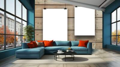 Two blank frames hanged by clips against brown wooden boards background Wall mural