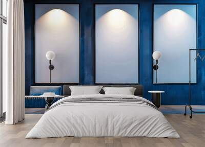 Contemporary gallery wall with three large blank frames on a midnight blue background, ambient lighting, 3D rendering Wall mural