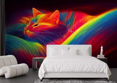 3D illustration of an abstract cat shining in rainbow colors, infinite turbulence, fluorescent red colours comforting and relaxing design. Wall mural