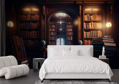 3d rendering library old books on shelves isolated Wall mural