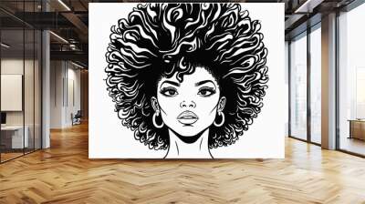 African pretty woman with sunglasses with afro hair style portrait. Silhouette in contrast backlight. Generative ai Illustration. Wall mural