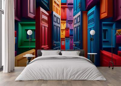 Colorful multi-colored doors. Colors of rainbow. The concept of multiple choice, different paths, identity. Digital illustration. 3d render Wall mural