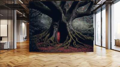 Fairy tree house with old red door in fantasy dark forest. Generative ai illustration Wall mural