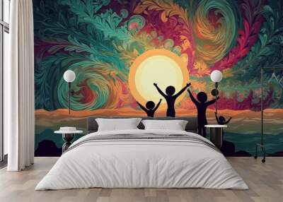 The family stands on the island and raises their hands to the sky. Psychedelic and fantasy illustrated backgrounds. Generative ai Wall mural