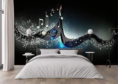 Wave lines trails flowing dynamic in different color isolated on black background. musical key and note. Abstract futuristic background, digital sound design concept. Generative ai Wall mural