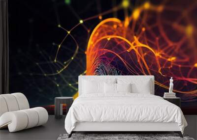 Wave lines trails flowing dynamic in diverse colors isolated on black background. Abstract futuristic background, science, digital and communication concept. Generative ai illustration Wall mural