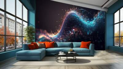 Wave lines trails flowing dynamic in diverse colors isolated on black background. AI technology, science, digital and communication concept. 3d rendering Wall mural