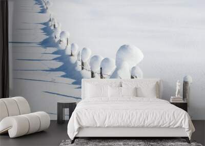 wooden barbed wire fence covered in snow Wall mural