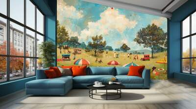 A whimsical picnic scene in a sun-drenched meadow, with colorful umbrellas providing shade, while children play games and picnickers enjoy a delicious spread of food and drink. Wall mural