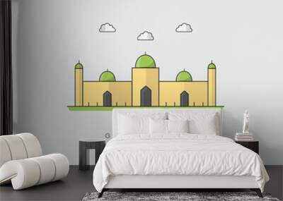 minimalist illustration of a mosque with clouds and text islamic mosque ramadan logo design Wall mural