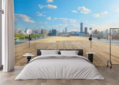 Empty square floor with city skyline background, Cityscape with urban harmony, symbiotic relationship between nature and civilization fostering balance in the urban panorama Wall mural