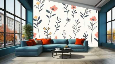 Simple line art vector seamless pattern of flowers and leaves Wall mural