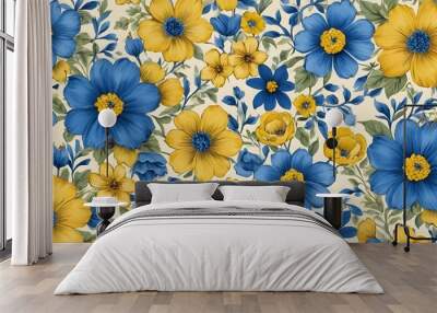 An HD close-up image of blue and yellow floral print wallpaper. The design features intricate blue flowers with yellow accents, showcasing detailed textures and vibrant colors. Wall mural