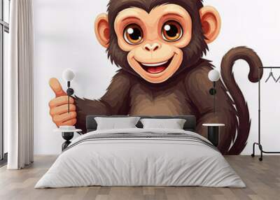 cute cartoon brown monkey giving thumbs up sitting on white background Wall mural