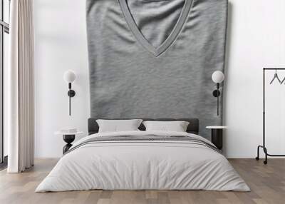 Folded Grey V-Neck T-Shirt Mockup on White Background Wall mural