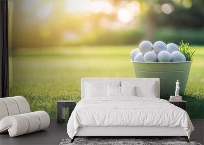 golf balls in a bucket on a green grassy golf course Wall mural