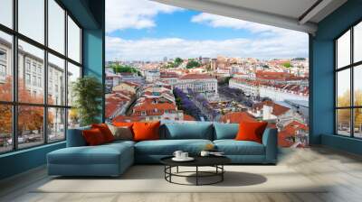 Aerial view on buildings and orange roofs in Lisbon, Portugal. View from Above on city and architecture Wall mural