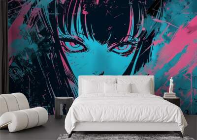 Cool grunge neon blue and pink y2k anime girl manga with a negative photocopy effect. retrowave vintage design Wall mural