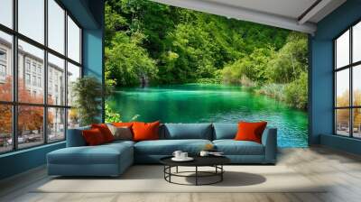 green water of lake in forest  Wall mural